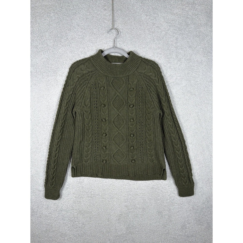 J.Crew Women's Cable Knit Mock Neck Sweater Olive Green Lambswool Blend Size M